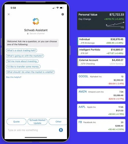 Schwab Assistant accounts view with account name, type and balance